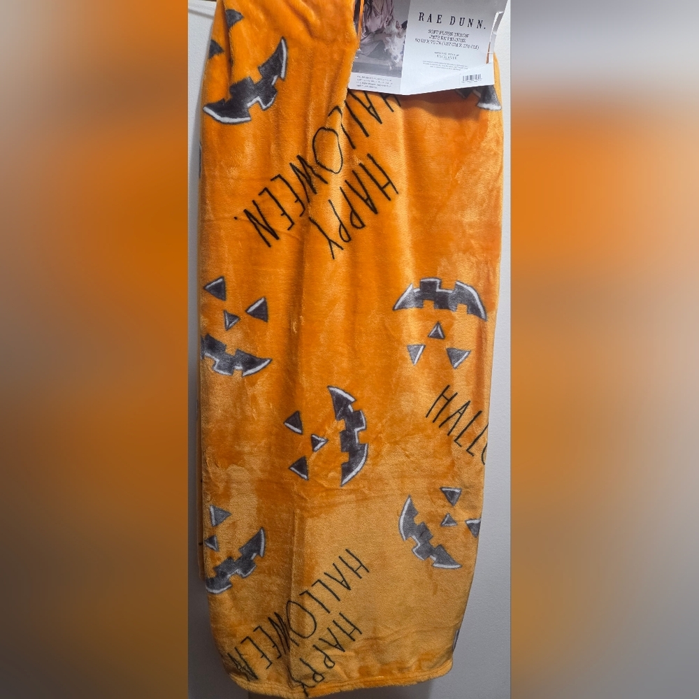 Rae Dunn Orange Jack O Lantern Happy Halloween Plush Throw Blanket, 50x70